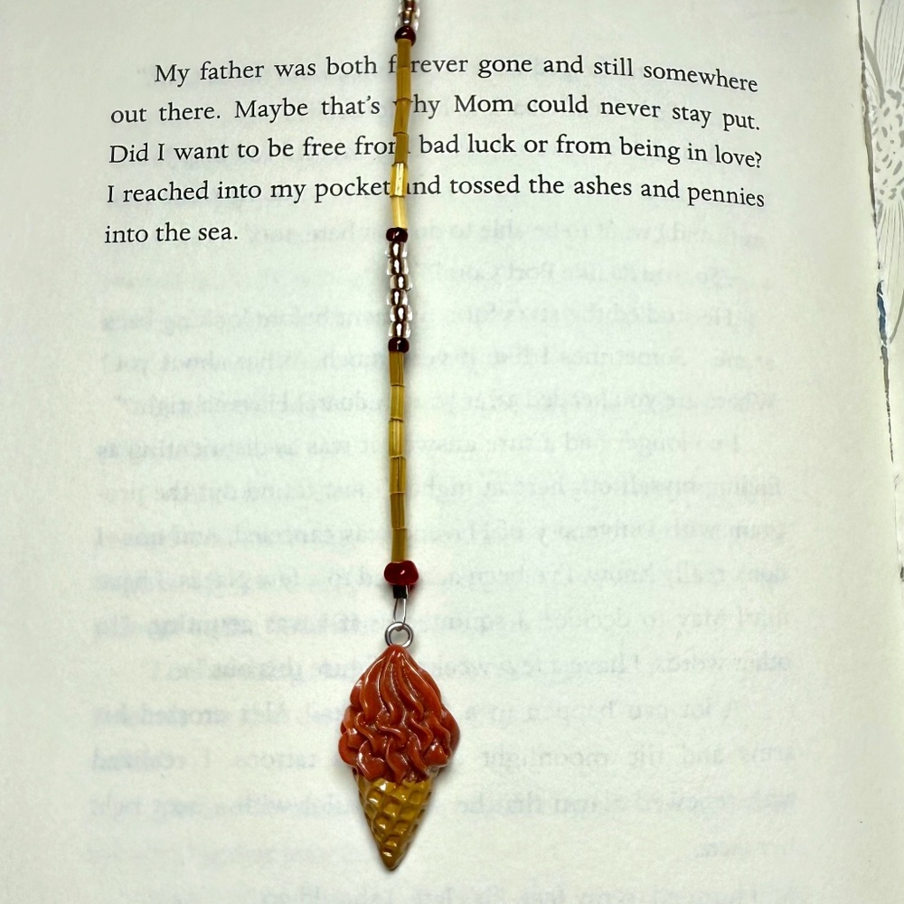 Hand Crafted Beaded Bookmark Chocolate Ice Cream Cone & Red Bead Charms